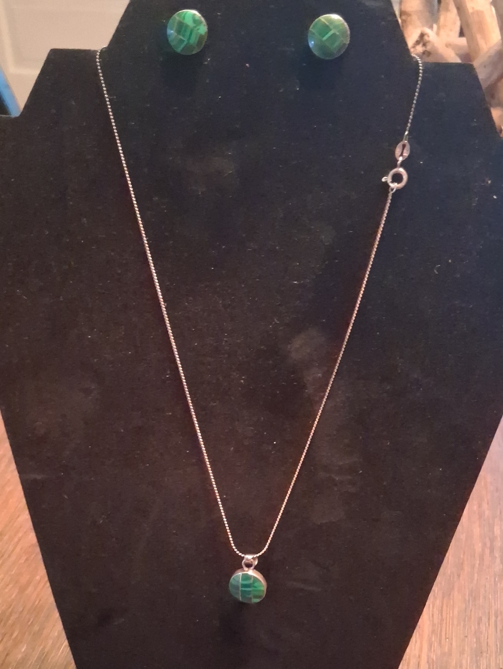 Taxco Sterling Silver Green Mosaic Pendant Necklace with Matching Studs